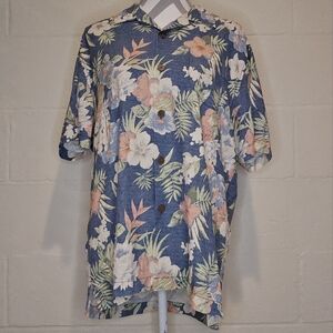 Tommy Bahama 100% Silk Button Down Hibiscus/Fronds Short Sleeve Washed Blue M.